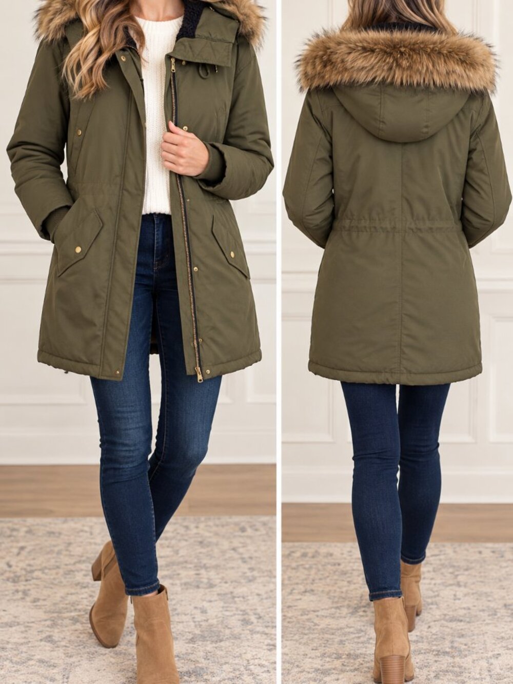 J.Crew Olive PrimaLoft Faux Fur Hood Utility Parka Large Winter Jacket